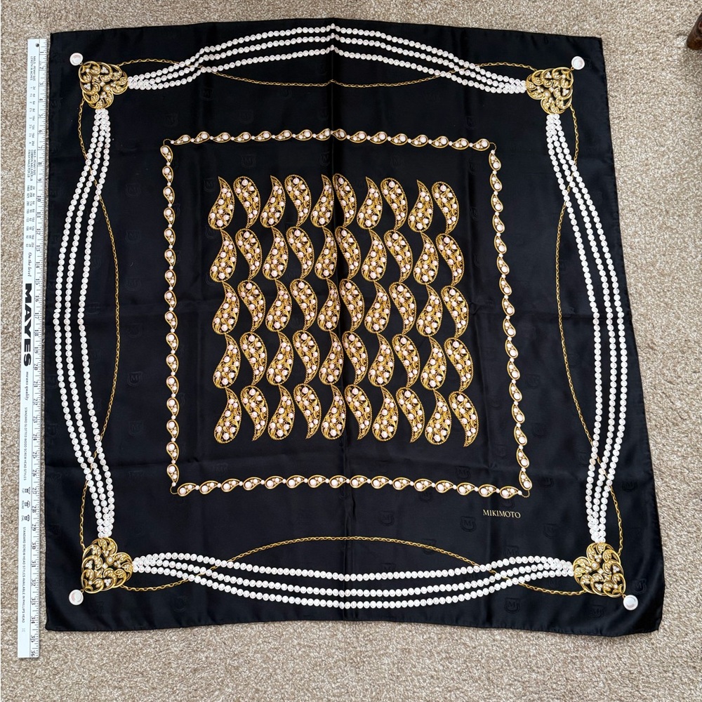 Mikimoto Black Silk Scarf with Gold and White Pearl Motif